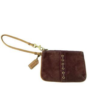 COACH Plum Brown Suede Leather Trim Strap Wristlet With Hang Tag Coin Purse‎